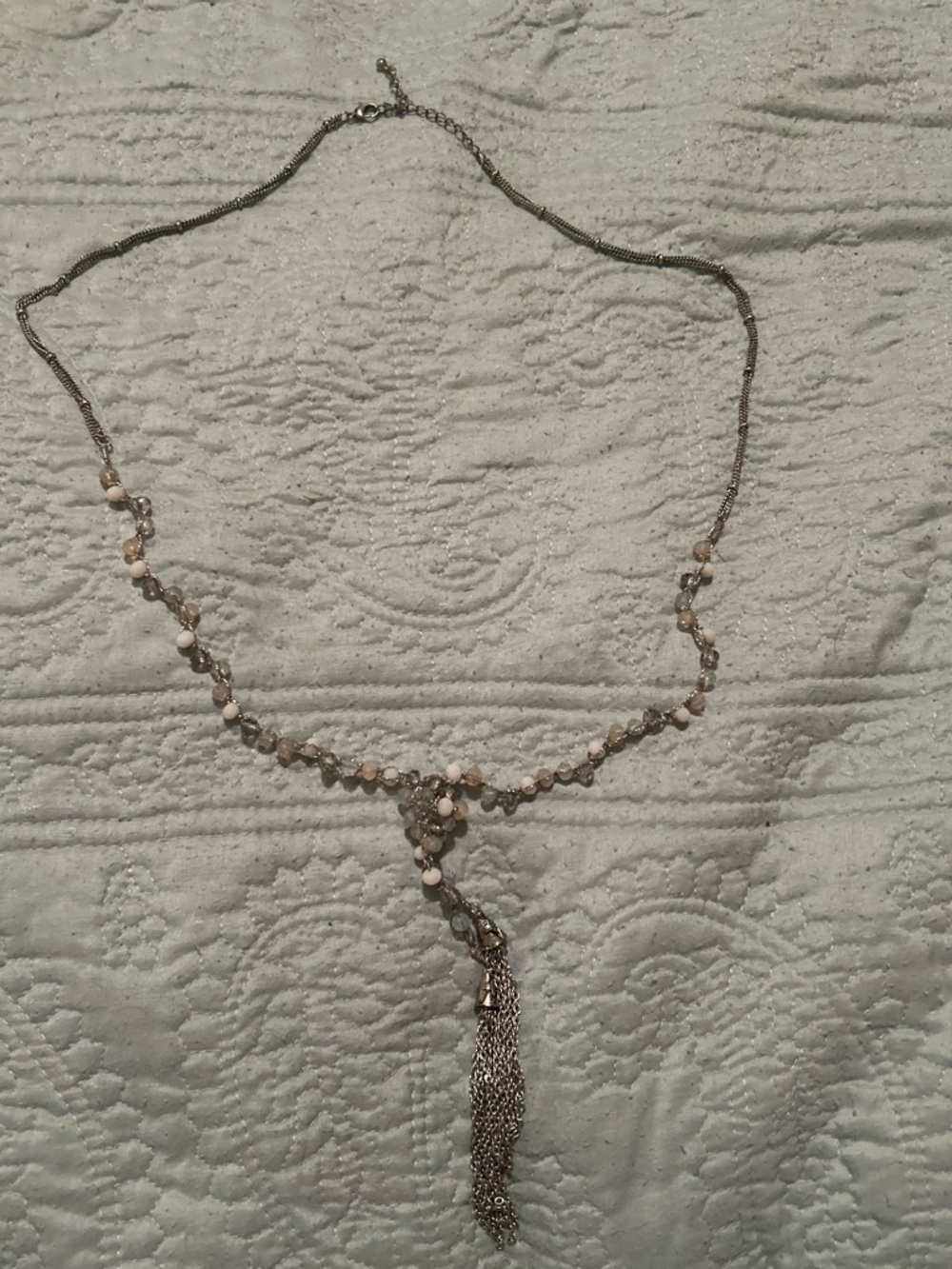 Women’s Silver-Tone Necklace with Pale Pink Beads and Tassel